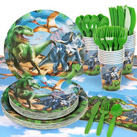 DECORLIFE Dinosaur Birthday Party Supplies Serves 24, Complete Pack Includes Dinosaur Plates, Tablecloth, Napkins, Cups, Cutlery Set, Total 169PCS