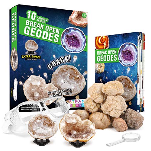 XXTOYS Break Open 10 Premium Geodes  Includes Goggles, Detailed Learning Guide & 2 Display Stands - Great Stem Science Gift for Mineralogy & Geology Enthusiasts of Any Age