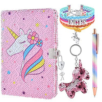 Magic Unicorn Notebook Set - Sequins Journals Unique Gift for Girls Travel School Office NotepadMemos A5 Diary Notebooks Unicorn Gel Pen Bracelet Key-chain with Locks and Keys