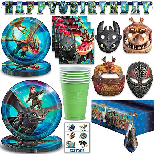 How To Train Your Dragon Party Supplies for 16 - Large Plates, Dessert Plates, Napkins, Masks, 