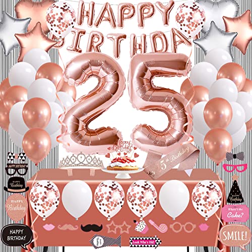 Rose Gold 25th Birthday Party Decorations for Women (Her), 25 Birthday Party Supplies including Happy Birthday Balloons, Fringe Curtain, Tablecloth, Photo Props, Foil Balloons, Sash and Tiara