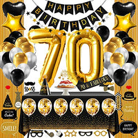 70th Birthday Decorations for Women Or Men Black & Gold, 70 Birthday Party Supplies Gifts for Her ( Him) Including Happy Birthday Balloons, Fringe Curtain, Tablecloth, Photo Props, Foil Balloons, Sash