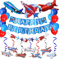 Airplane Aviator Themed Party Decoration-Silver Glitter Happy Birthday Banner and Garland,30Ct Airplanes Hanging Swirl,Airplane Foil Balloons for Up Up and Away Felt Party, Plane Theme Birthday Party.