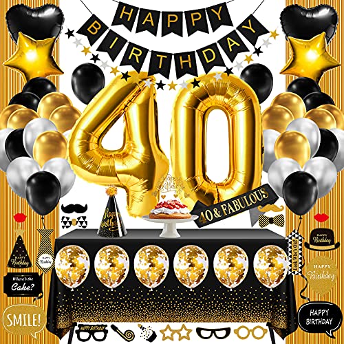 40th Birthday Decorations for Women Or Men Black & Gold, 40 Birthday Party Supplies Gifts for Her Him Including Happy Birthday Banner, Fringe Curtain, Tablecloth, Photo Props, Foil Balloons, Sash