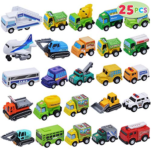 25 Piece Pull Back City Cars and Trucks Toy Vehicles Set for Toddlers, Girls and Boys Kids Play Set, Die-Cast Car Set