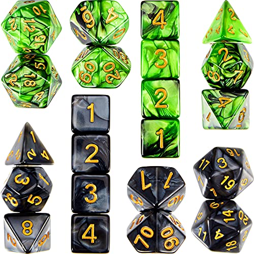 2 Set 11 Dice Polyhedral Dice Set Multisided Dice Set Smooth Touch with Drawstring Bag Compatible with DND RPG MTG Table Game Dice, 22 Pieces (Green, Black)