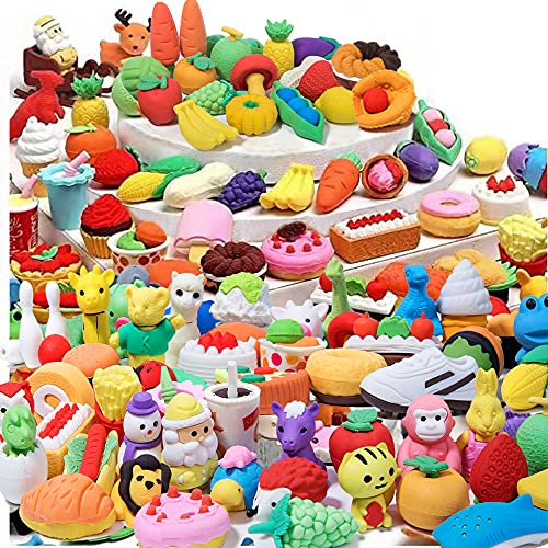 100 Pack Animal Pencil Erasers for Kids,Puzzle Erasers, 3D Erasers Food Vegetable Sport Fruit Take Apart Eraser, Gifts for Kids, Prizes Classroom Rewards, Class Treasure Box, Kids Party Favors