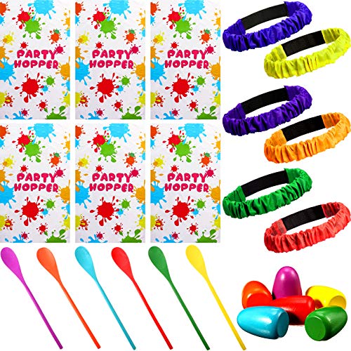 School Outdoor Game Set Includes 6 Potato Sack Race Bags, 6 Set Egg and Spoon Race Games, 6 Legged Race Bands for Birthday Party Games Outside Eggs Hunt Game Party Favor Family Gatherings Games