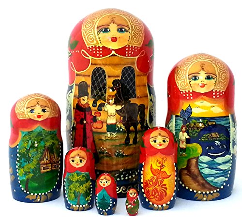 Ivan Tsarevich Fire Bird and The Humpbacked Pony Fairy Tale Nesting Dolls Russian Hand Carved Hand Painted 7 Piece Set