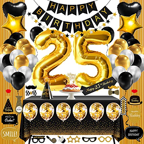 25th Birthday Decorations for Women Or Men Black & Gold, 25 Birthday Party Supplies Gifts for Her or Him Including Happy Birthday Banner, Fringe Curtain, Tablecloth, Photo Props, Foil Balloons, Sash