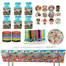 Load image into Gallery viewer, GoParty JJ Melon Party Supplies 95 Pcs Birthday Party Favors Gifts Set Include 12 Bracelets, 12 Key Chains, 12 Button Pins, 6 Gift Boxes, 52 Stickers, 1 Tablecloth for Kids JJ Melon Fans Themed Party

