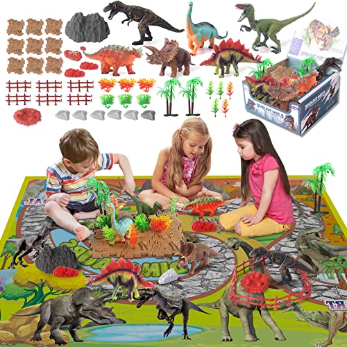 Kim Player 47pcs Dinosaur Toy Figure w/ Activity Play Mat & Trees, Educational Realistic Dinosaur Playset to Create a Dino World Including T-Rex, Triceratops, Velociraptor, for Kids, Boys & Girls