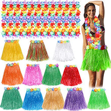 Load image into Gallery viewer, 12PCS Hula Skirt Grass Skirts with12PCS Hawaiian Leis Luau Garland Tropical Hawaiian Party Necklace Luau Party Favor Supplies Summer Beach Vacation Costume Set for Women Kids Party Favors
