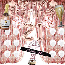 Load image into Gallery viewer, Rose Gold 21st Birthday Decorations for Girl, 21 Birthday Party Supplies for Her (Women) include Foil Fringe Curtains, Happy Birthday Balloons,Birthday Tiara &amp; Cake Topper
