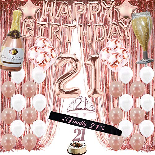 Rose Gold 21st Birthday Decorations for Girl, 21 Birthday Party Supplies for Her (Women) include Foil Fringe Curtains, Happy Birthday Balloons,Birthday Tiara & Cake Topper