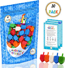 Load image into Gallery viewer, Hanukkah Dreidels 30 Bulk Pack Multi-Color Plastic Chanukah Draydels With English Transliteration In Reusable Ziplock Bag- Includes 3 Dreidel Game Instruction Cards (30-Pack)
