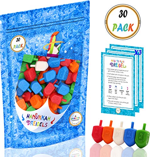 Hanukkah Dreidels 30 Bulk Pack Multi-Color Plastic Chanukah Draydels With English Transliteration In Reusable Ziplock Bag- Includes 3 Dreidel Game Instruction Cards (30-Pack)
