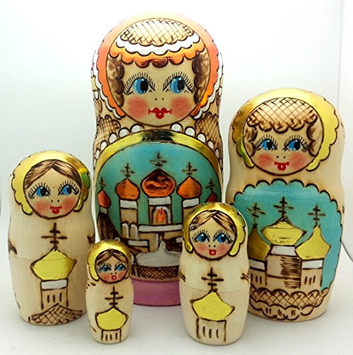 Church Nesting Dolls Wood Burned Hand Carved Hand Painted 5 Piece Doll Set / 7