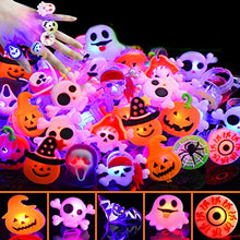 Load image into Gallery viewer, 50 Pcs Halloween LED Glow Ring,Light Up Toys Glow in the Dark Birthday Halloween Party Favors Decorations Supplies for Kid/Adults Flash Finger Rubber Rings 8 Shape Ghost Pumpkin Skeleton Spider Bat
