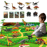 QDRAGON Dinosaur Playset, 31'' x 47'' Large Activity Play Mat with Dinosaur Figures, Model Trees, 15 Dinosaur Playing Cards, 2 Dinosaur Cars, Dinosaur Play Mat Gift Set for Kids Above 3