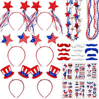 Adurself 72 Pieces Fourth/4th of July Party Accessories Patriotic Party Favor Supplies, Include 6 Head Boppers, 6 Bead Necklaces, 36 Temporary Tattoo, 12 Mustache for Independence Day Party Props Deco