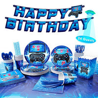 DECORLIFE Video Game Party Supplies Serves 24, Complete Gamer Party Supplies Includes Tablecloth, Popcorn Boxes, Blue, Total 200pcs for Boys Birthday