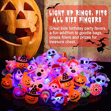 Load image into Gallery viewer, 50 Pcs Halloween LED Glow Ring,Light Up Toys Glow in the Dark Birthday Halloween Party Favors Decorations Supplies for Kid/Adults Flash Finger Rubber Rings 8 Shape Ghost Pumpkin Skeleton Spider Bat
