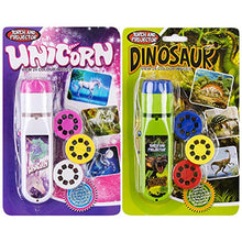 Load image into Gallery viewer, Georgie Porgy Slide Torch Projector Toys Flashlight for Kids Educational Toys Science Set Wall Ceiling Tents Night Lamp for Boys Girls with 2 Tattoo Stickers Storage Bags (Dinosaur + Unicorn)

