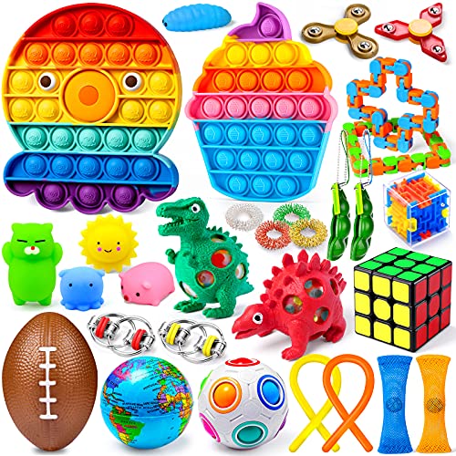 Arscniek Sensory Fidget Toy Pack 30PCS Anxiety Stress Relief Fidget Toys for Kids Adult, Fidget Pack with Squishies Octopus & Ice Cream Push Pop, Party Favors Classroom Rewards Gifts for Boys Girls