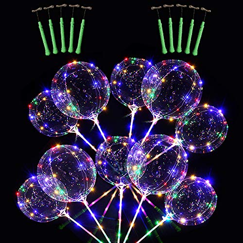 10PCS LED light Up BoBo Balloons, Colorful Glowing Helium Bubble Balloon with Sticks and String Lights 3 levels Flashing for Christmas Wedding Birthday Party Events Decoration (20 Inch)