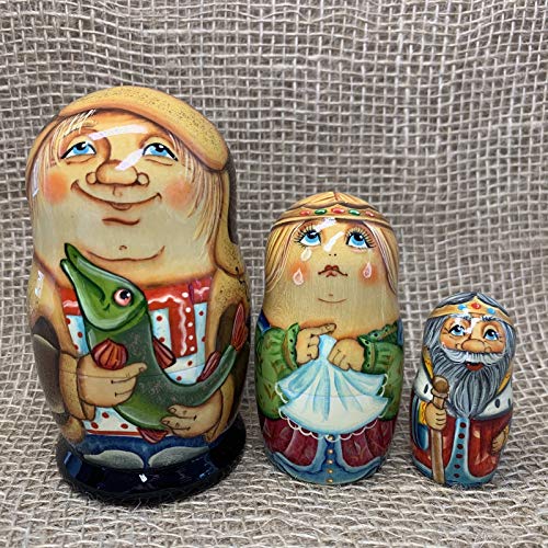 Exclusive Russian Nesting Dolls Emelya with Pike  3 Pieces Author's Hand-Painted Set of 3 Handmade Toys Gift Doll House Decor Matryoshka 3 Dolls in 1