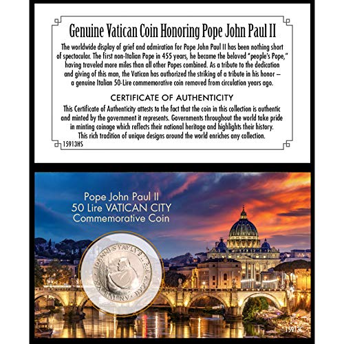 Pope John Paul II Coin | Genuine 50 Lire Commemorative Coin | Vatican City | Certificate of Authenticity  American Coin Treasures
