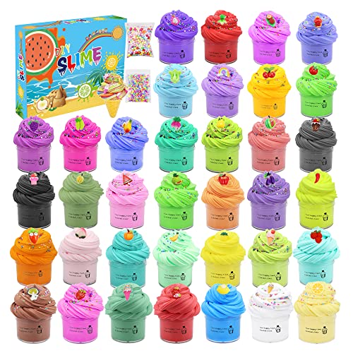 36 Pack Butter Slime Kit with Funny Fruits Charms, Super Soft & Non-Sticky, Birthday Gifts for Girls and Boys