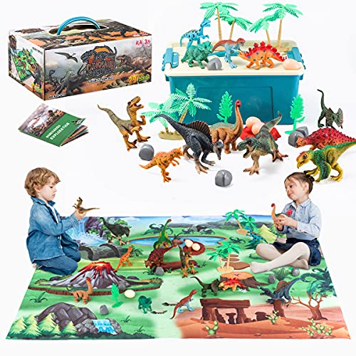Dinosaur Toys with 12pcs Dinosaur Figures, Activity Play Mat & Trees for Creating a Dino World Including T-Rex, Triceratops, Perfect Dinosaur Playset for 3,4,5,6 Years Old Kids, Boys & Girls