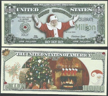Load image into Gallery viewer, Santa Ho Ho Ho Seasons Greetings W Fireplace Million Dollar Bill Lot of 100 Bills
