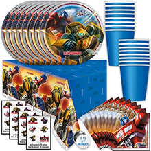 Load image into Gallery viewer, Transformers Birthday Party Supplies Set, Transformers Party Supplies - Serves 16 - With Table Cover, Large Plates, Napkins, Cups, Tattoos, Button
