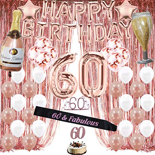 Rose Gold 60th Birthday Decorations for Women, 60 Birthday Party Supplies include Foil Fringe Curtains, Happy Birthday Balloons,Birthday Tiara & sash, Cake Topper